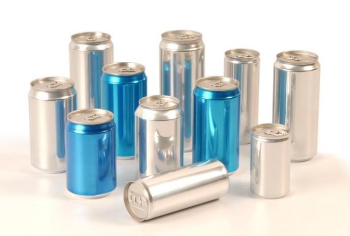 Blue and white aluminum cans