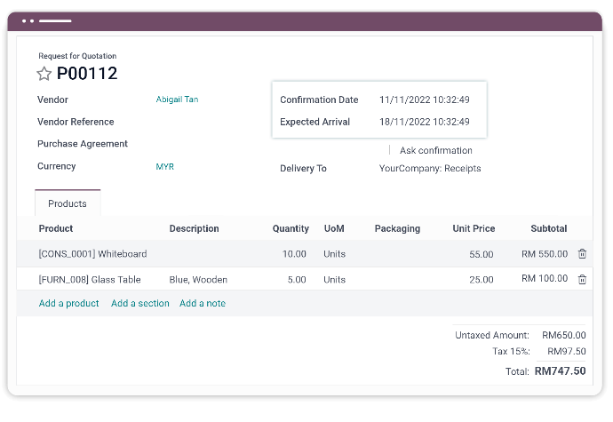 Delivery and security lead time estimate the time taken for a product to arrive in Odoo Purchase app.