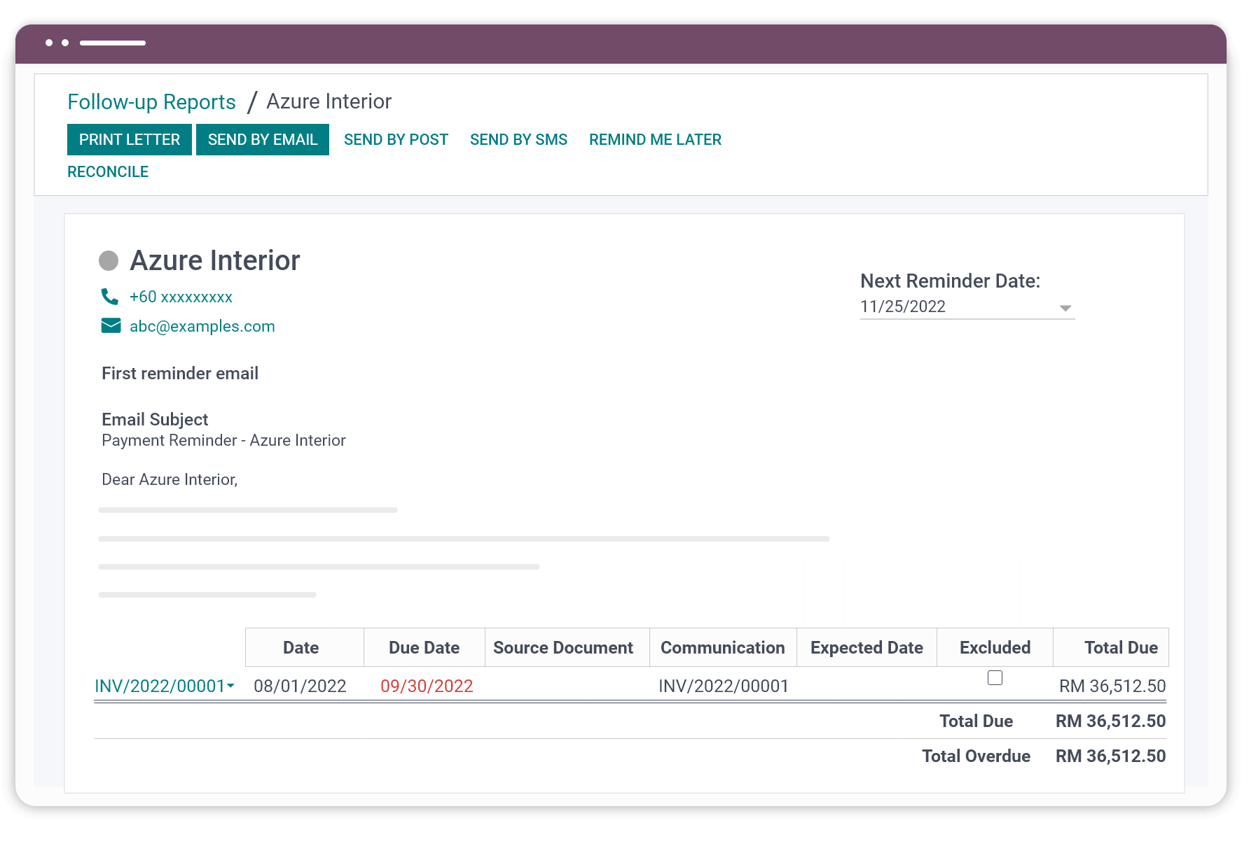 Follow-up reports in Odoo Accounting app ease the payment collection process.