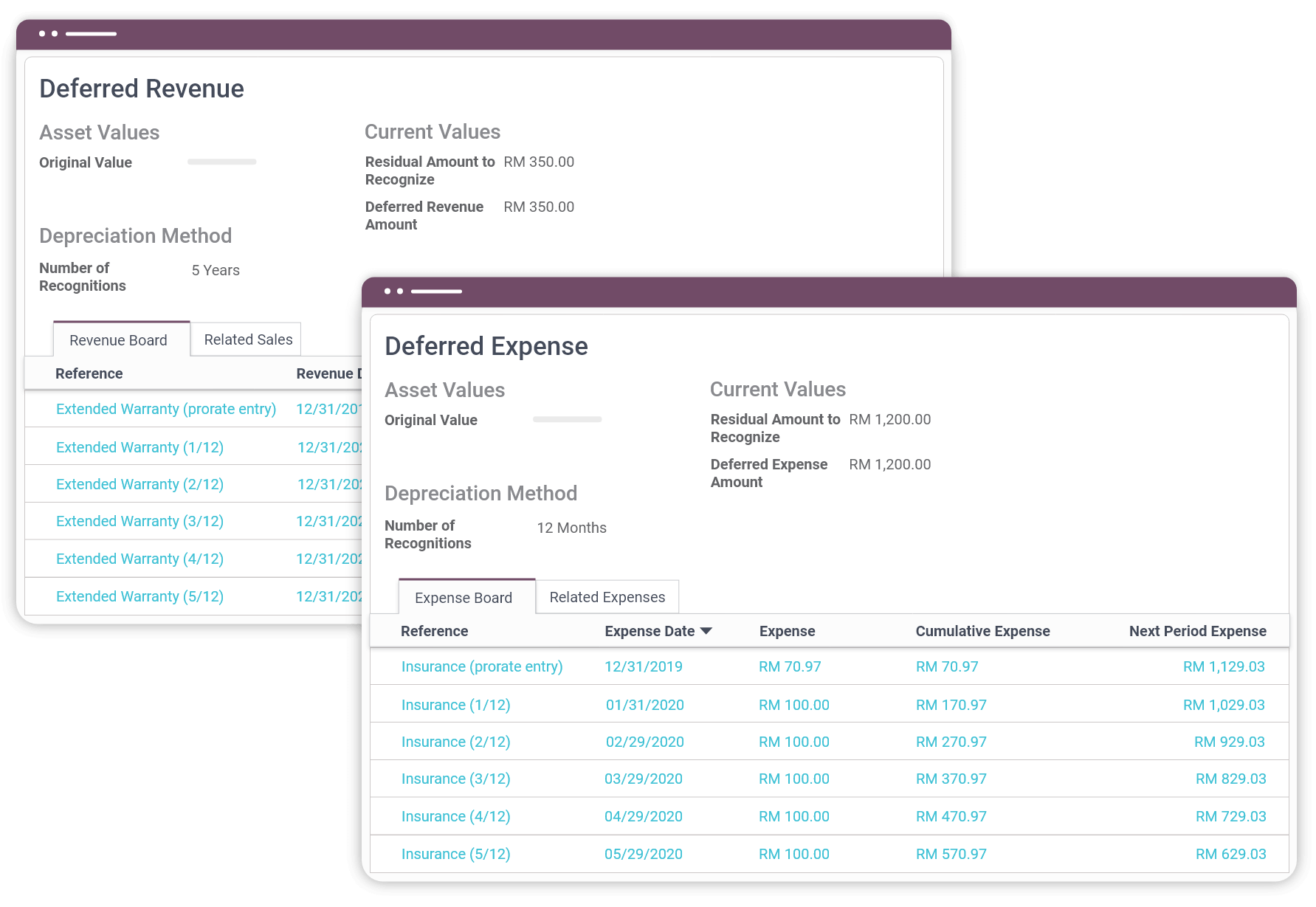 Odoo deferred expenses and revenue models