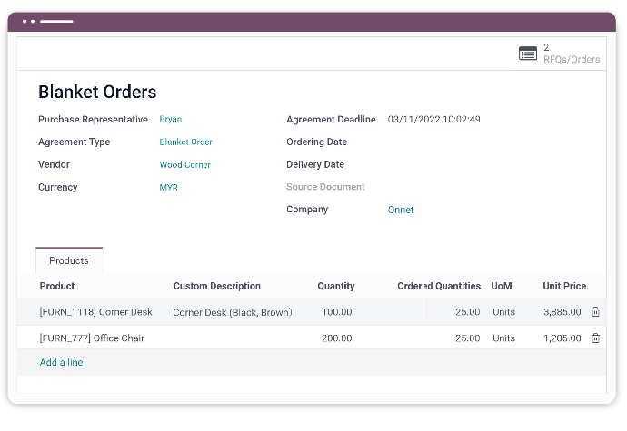 Odoo blanket orders agreement